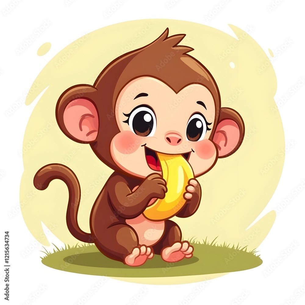 Fototapeta premium Cute baby monkey holding a banana with diaper and pacifier cartoon vector icon