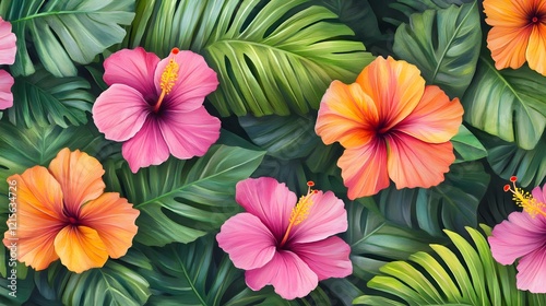 Tropical hibiscus flowers in vibrant pink and orange colors with lush green leaves.