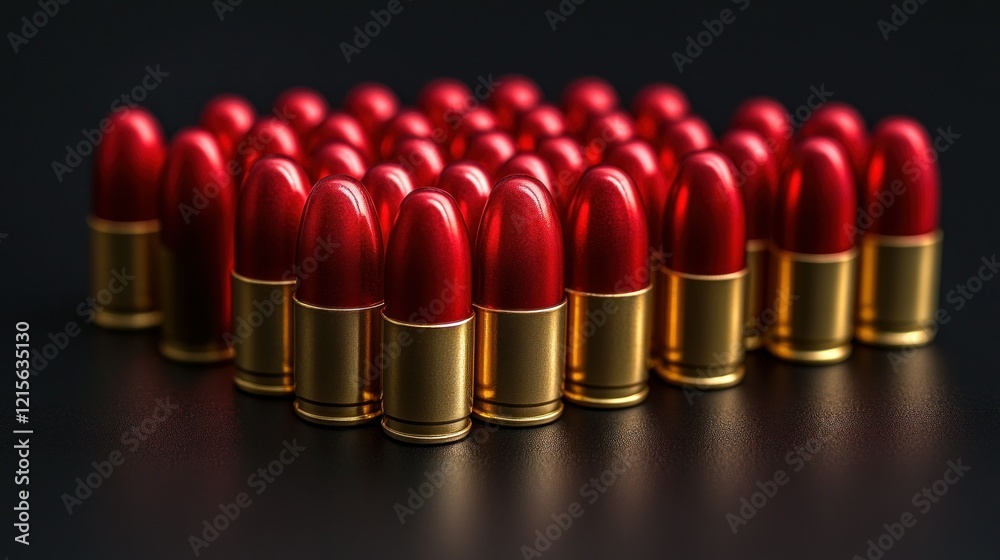 Red bullets arranged on dark surface, studio shot Red bullets arranged on dark surface, studio shot
