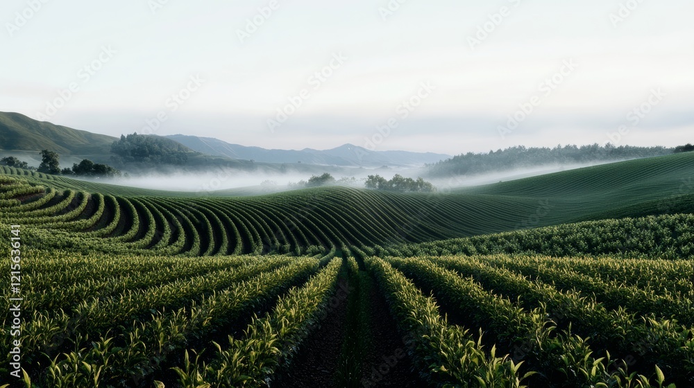 Fototapeta premium Endless rows of green fields stretch towards distant misty mountains in sweeping symmetry.