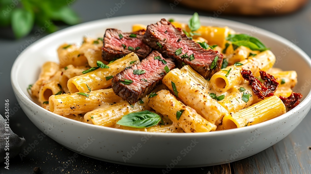 Pasta dish with beef slices and sun-dried tomatoes in a restaurant setting, suitable for food blog Pasta dish with beef slices and sun-dried tomatoes in a restaurant setting, suitable for food blog