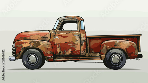 Vintage Rust-Colored Pickup Truck with Shining New Headlight, Blurred Background