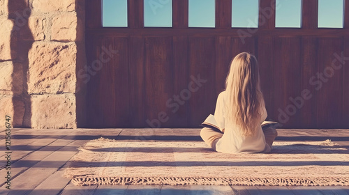 Girl sits on rug reading book, back to camera, sunlight.