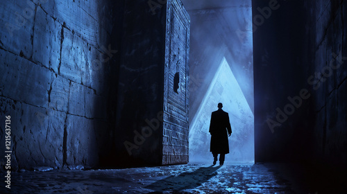 A lone silhouetted figure walks towards a mysterious portal leading into an ancient, dimly lit stone chamber.