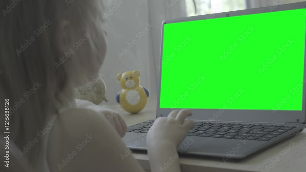 green screen display for video, smart child studying distance learning course, using computer self-education and entertainment, monitor mockup, Parenting in digital age, cyber education