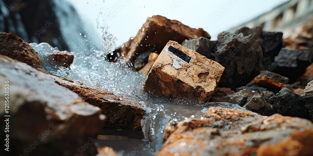 Fototapeta premium Water Splashing on Rocks and Bricks