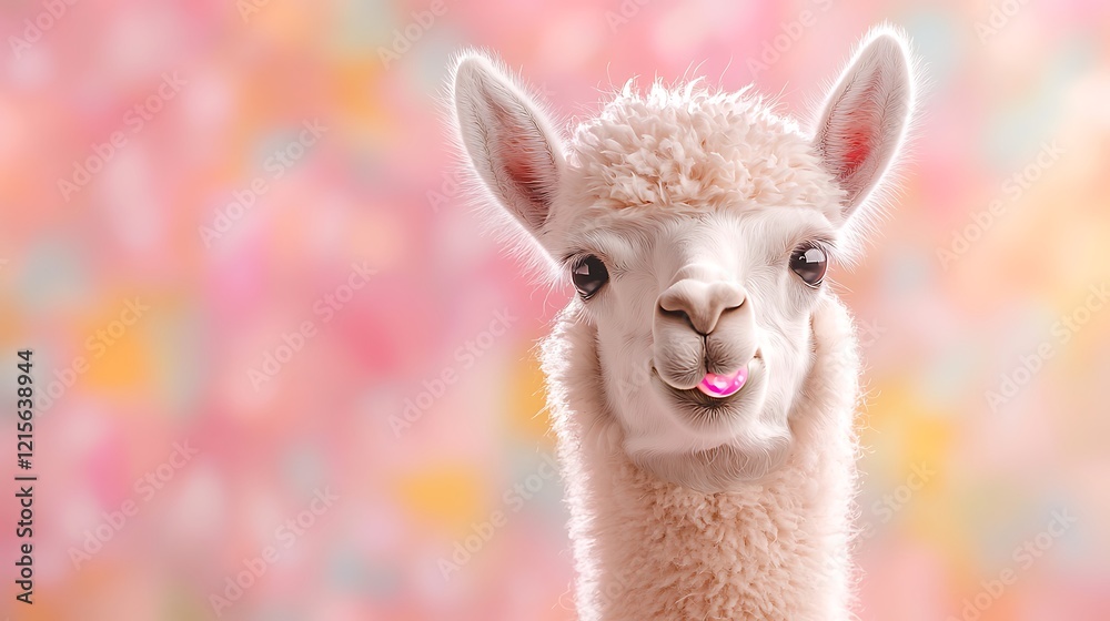 Obraz premium Playful alpaca portrait, pastel background, farm animal, cute