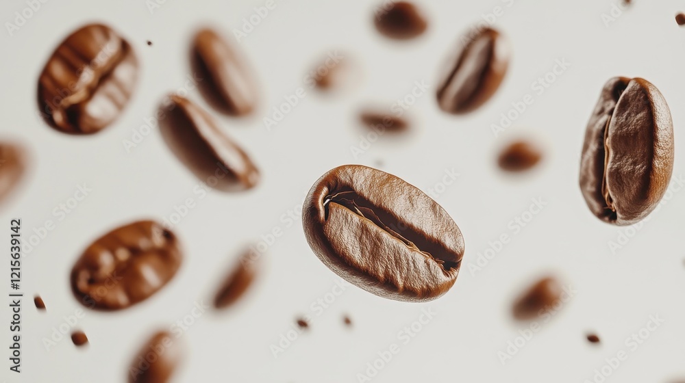A wide shot of coffee beans falling, scattered in random directions, captured with a soft focus on a white background. A wide shot of coffee beans falling, scattered in random directions, captured with a soft focus on a white background.