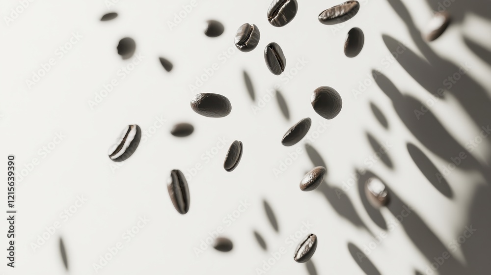 Coffee beans caught in motion, falling towards a white surface, frozen mid-air on a bright, minimalistic background. Coffee beans caught in motion, falling towards a white surface, frozen mid-air on a bright, minimalistic background.