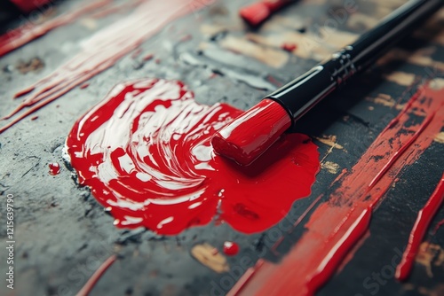 An artistic scene of a red paint smear beside a paintbrush on a textured dark surface, evoking creativity, inspiration, and the joy of painting and artistic expression.