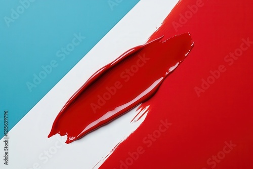 A vibrant red paint stroke flowing across a divided tri-color background, symbolizing creativity, passion, and the interface between color and emotion in modern art.