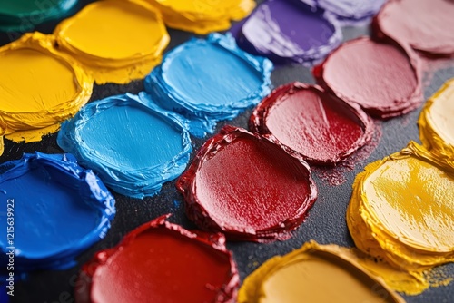 A close-up view of vibrant paint colors on a palette highlights the vivid hues and thick textures, showcasing a palette full of artistic potential and creativity.