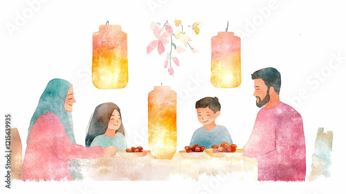 Happy Muslim family enjoying meal together at home.
