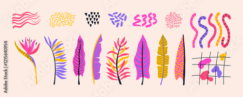Collection of modern tropical leaves, flower and shapes. Animal patterns on Hawaiian ferns. Vector design for poster, scrapbooking, sticker.
