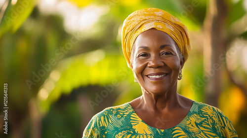 Portrait of a Senior Black Caribbean Woman Smiling at the Camera Against a Green Background. senior Caribbean woman, black woman portrait, smiling at camera, green background, Cari photo