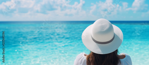 Woman with White Hat Enjoying Her Luxury Vacation in the Maldives. luxury vacation, Maldives getaway, woman in white hat, tropical paradise, beach relaxation, Maldives travel, luxu photo