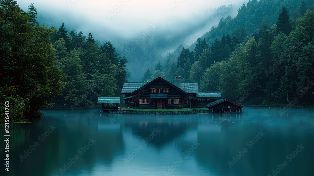 Fototapeta premium Secluded Lake House in Misty Forest: A Serene Landscape