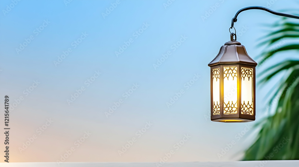 Illuminated lantern hanging outdoors at dusk. Illuminated lantern hanging outdoors at dusk.