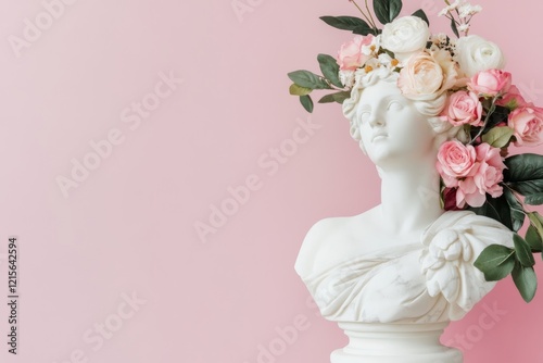 Fototapeta Naklejka Na Ścianę i Meble -  White marble statue wearing a crown of flowers symbolizing renaissance art