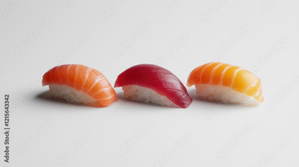 A beautifully arranged omakase set of nigiri sushi featuring tuna, salmon, and eel on a plain white background, allowing the vibrant colors and delicate presentation to stand out. A beautifully arranged omakase set of nigiri sushi featuring tuna, salmon, and eel on a plain white background, allowing the vibrant colors and delicate presentation to stand out.