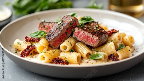 Seared steak with creamy pasta, sun-dried tomatoes, basil. Delicious meal photo