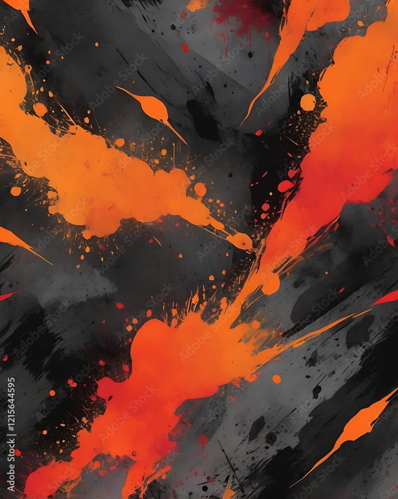 A bold, artistic background with rough charcoal textures and splashes of vibrant orange and crimson, creating a raw, expressive vibe