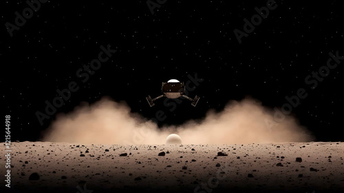 Lunar lander descending, kicking up dust on alien planet surface. photo