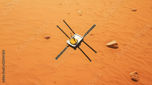 Mars lander on red planet surface, aerial view. photo