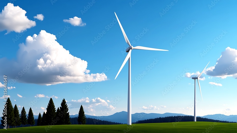 Fototapeta premium Two wind turbines on a green field with mountains and blue sky.