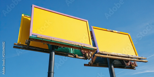 Two Blank Yellow Billboards with Weathered Wooden Support Structure photo