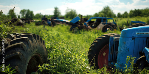 Abandoned Blue Tractors in Overgrown Field