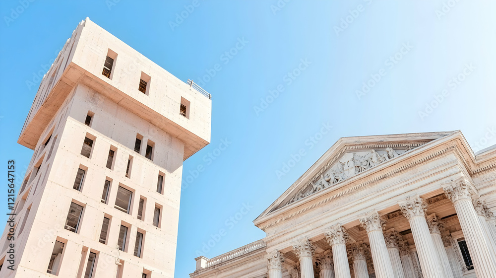 Modern and classical architecture contrast under a clear blue sky. Modern and classical architecture contrast under a clear blue sky.