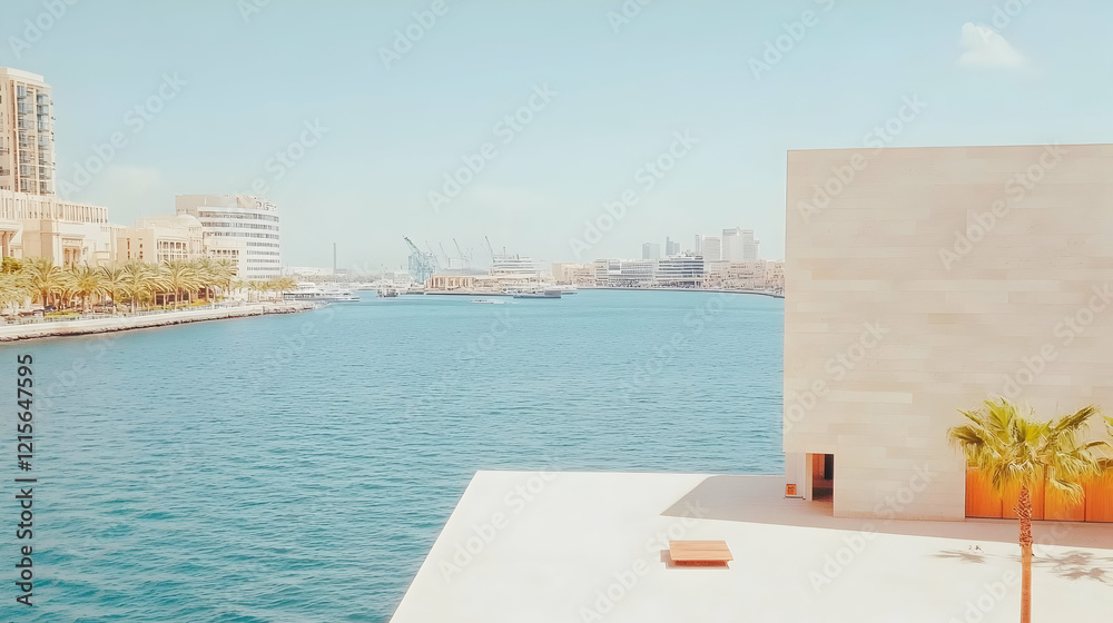 Obraz premium Modern architecture by waterfront, city skyline view.