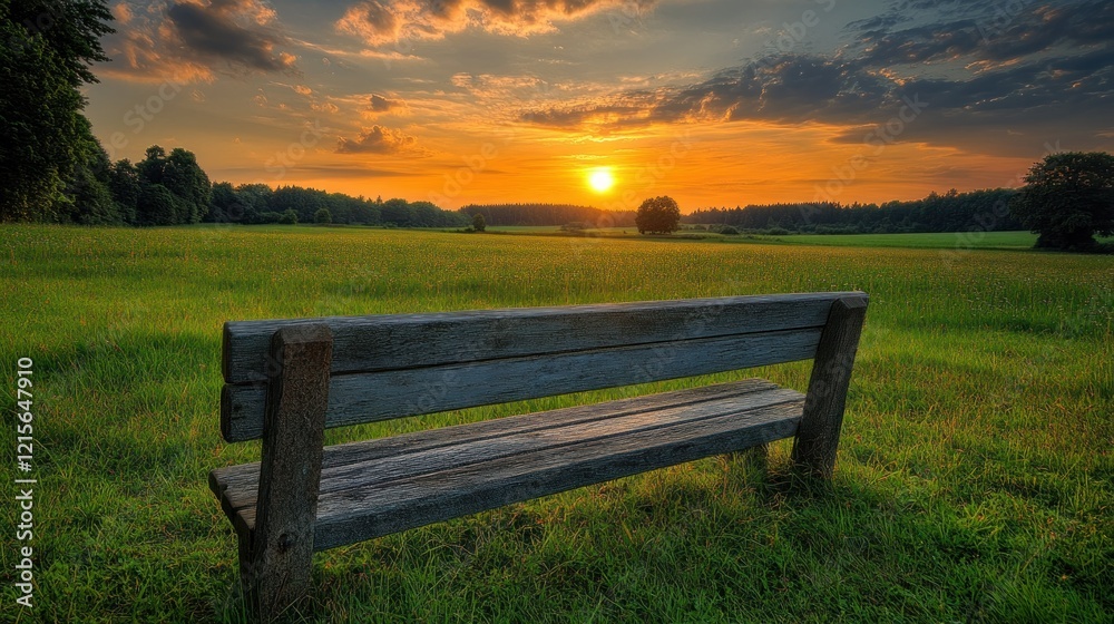 Sunset park bench, field, peaceful sky, nature scene, tranquility Sunset park bench, field, peaceful sky, nature scene, tranquility
