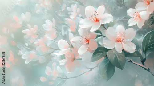 A close-up of cherry blossom flowers with soft pink petals and green leaves, set against a blurred background of a lush, blooming cherry tree.