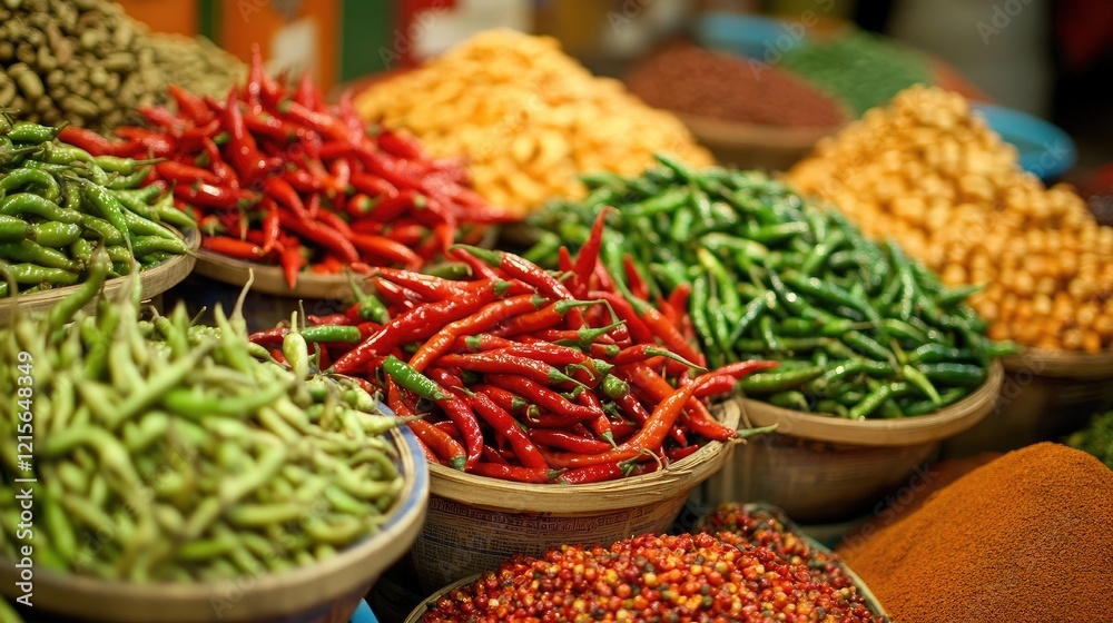 Fototapeta premium A close-up of fresh red and green chili peppers with droplets of water, emphasizing their freshness, alongside a variety of colorful spices in small bowls, ready for cooking.
