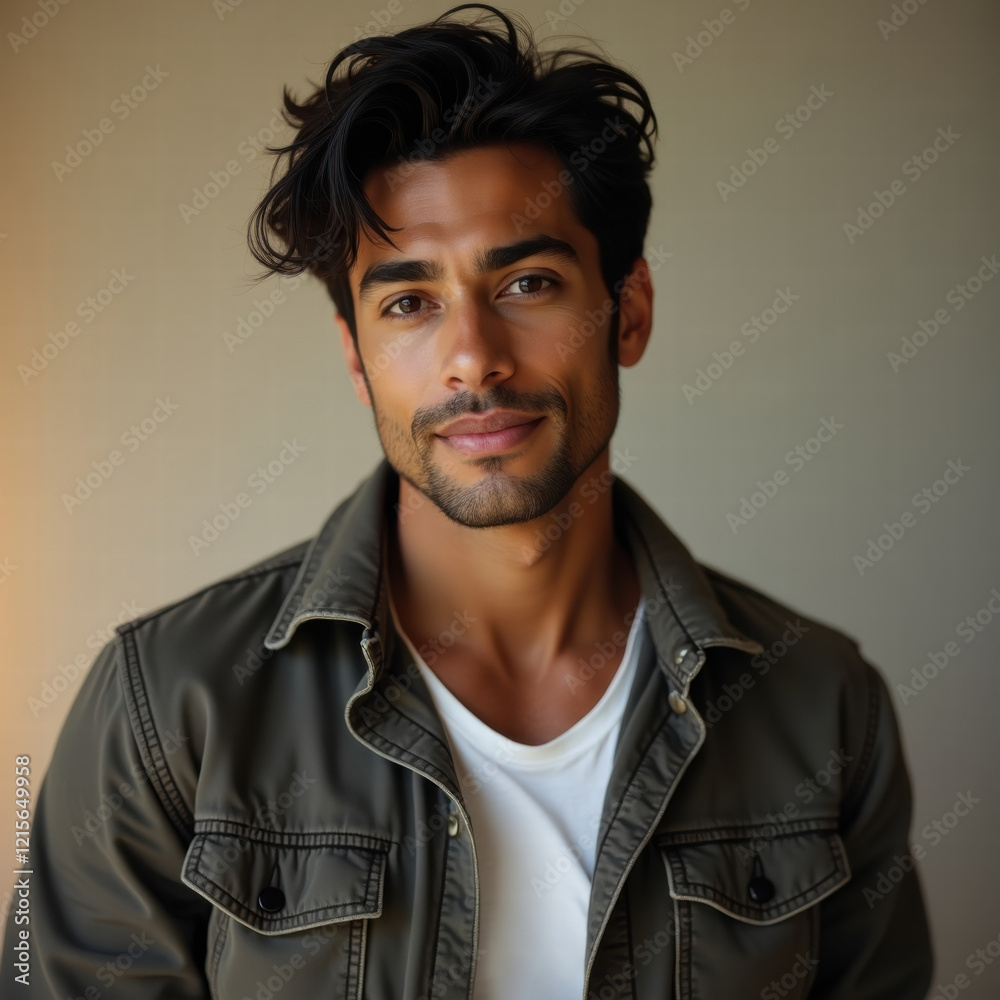 A handsome man with dark hair and a jacket smiles confidently, radiating approachability and casual charm A handsome man with dark hair and a jacket smiles confidently, radiating approachability and casual charm