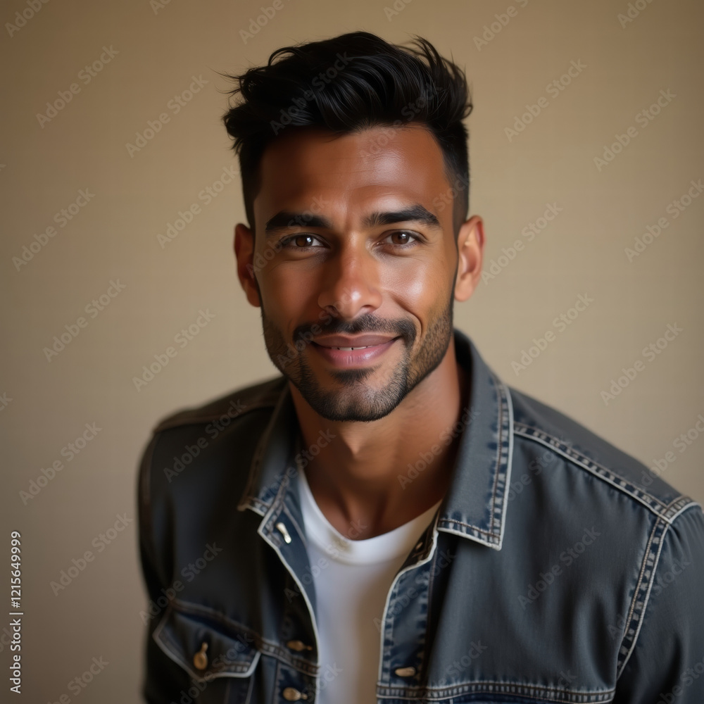 Obraz premium A handsome man with dark hair and a jacket smiles confidently, radiating approachability and casual charm
