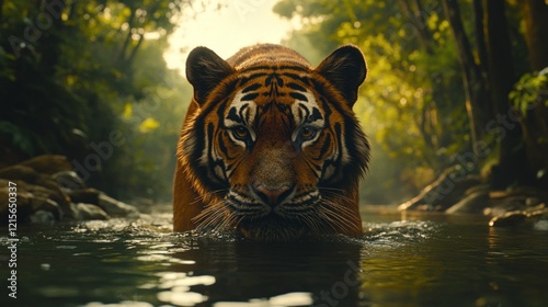 Tiger stalking prey in jungle stream at dawn