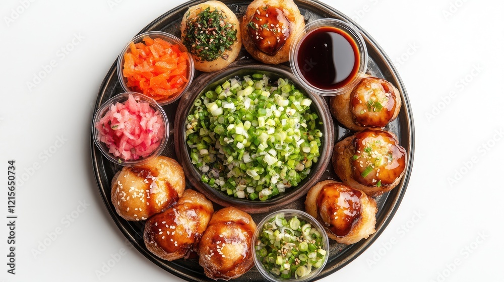 Fototapeta premium A colorful platter of takoyaki served with dipping sauces and chopped green onions, arranged artistically on a white background, highlighting the vibrant colors and textures.