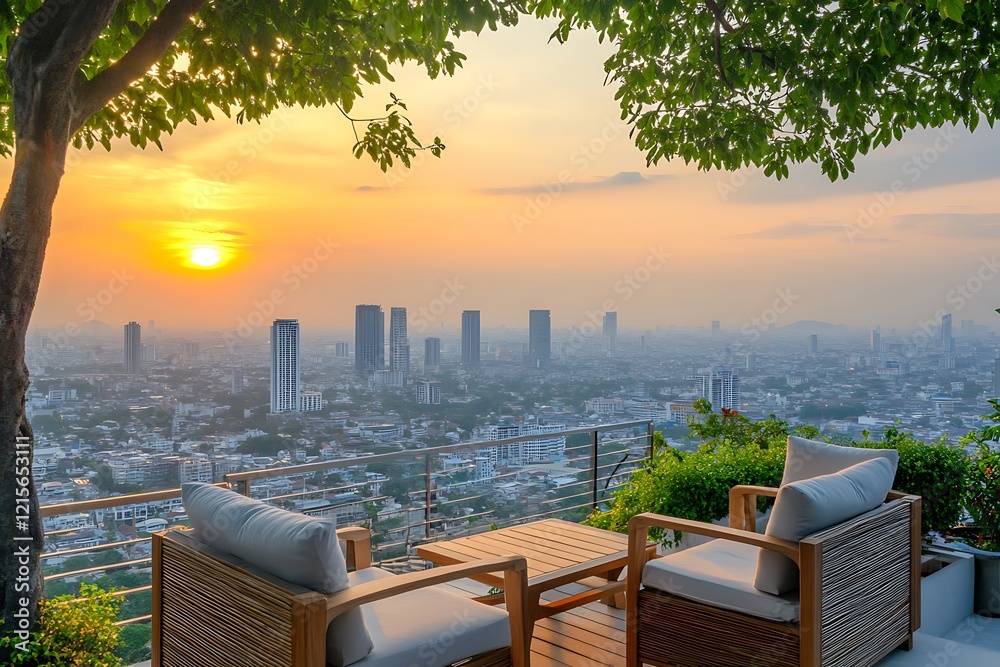 Fototapeta premium Sunset Cityscape View from a Rooftop Patio