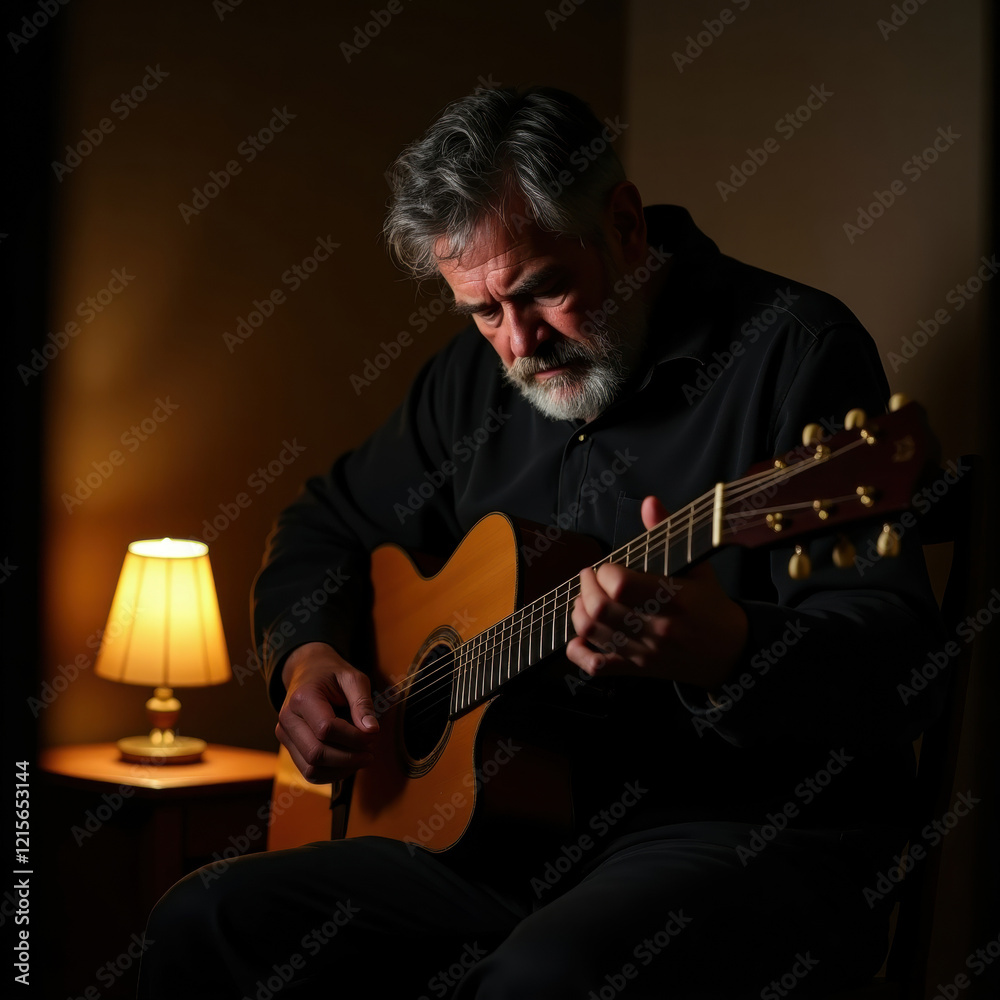 Obraz premium A man cradles a weathered, acoustic guitar, his fingers press down on the fretboard, coaxing out melancholic chords that resonate with a sadness born of memories