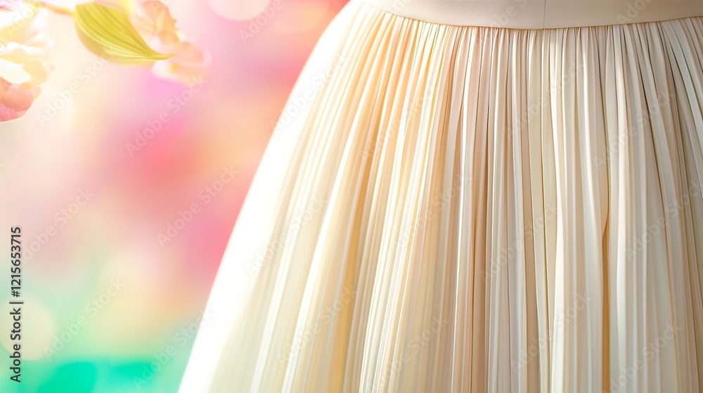 Close-up of pleated beige fabric, soft focus floral background. Close-up of pleated beige fabric, soft focus floral background.