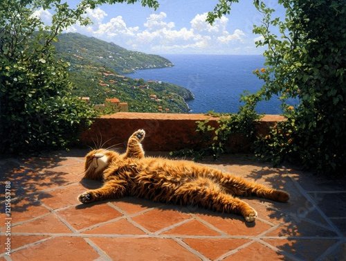 Cat sunbathing with a scenic ocean view outdoor animal photography coastal relaxation concept photo