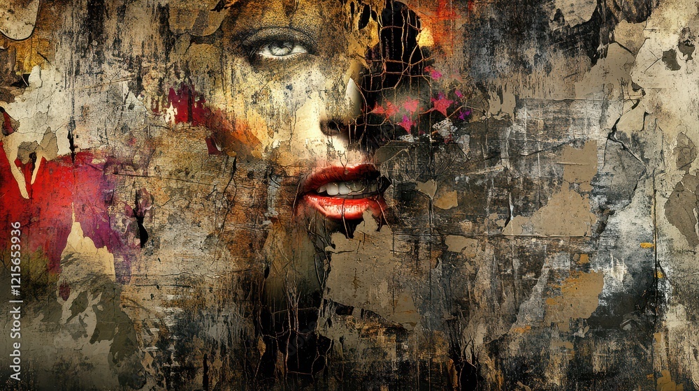 Fototapeta premium Face art on a worn wall