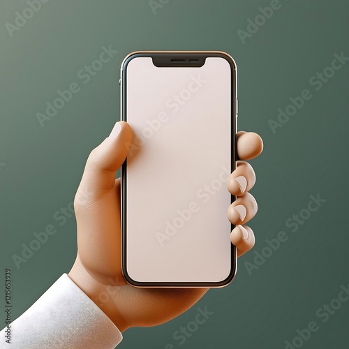 Male hand holding smartphone with blank screen, plain background. 3d