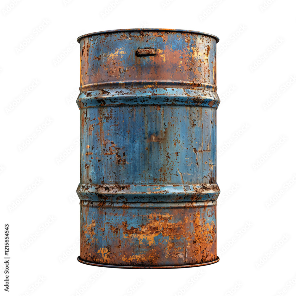 Rusty Metal Barrel with Blue and Orange Patina Isolated on transparent background