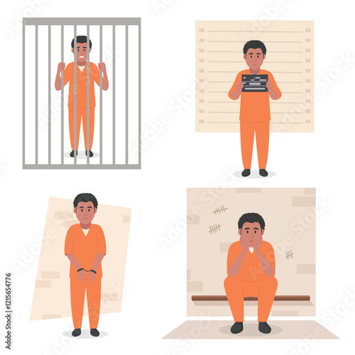 Criminal in orange uniform. Arrest, tribunal and imprisonment. set For posters and banners vector illustration