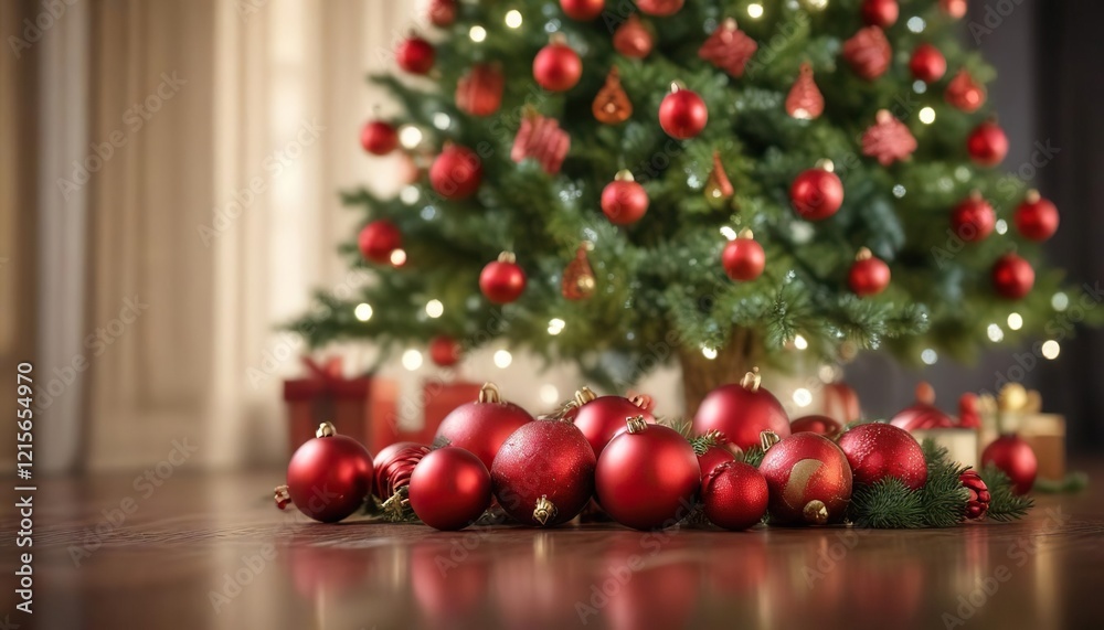 A beautifully styled bokeh image of a festive holiday background featuring a decorated tree and red ornaments , snowy landscape, holiday scene A beautifully styled bokeh image of a festive holiday background featuring a decorated tree and red ornaments , snowy landscape, holiday scene