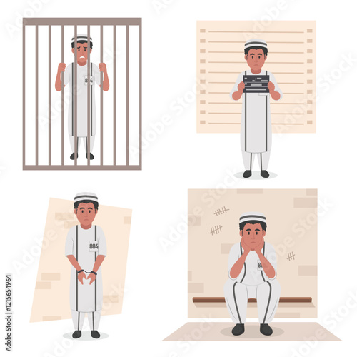 Indian prisoner in jail character set vector illustration